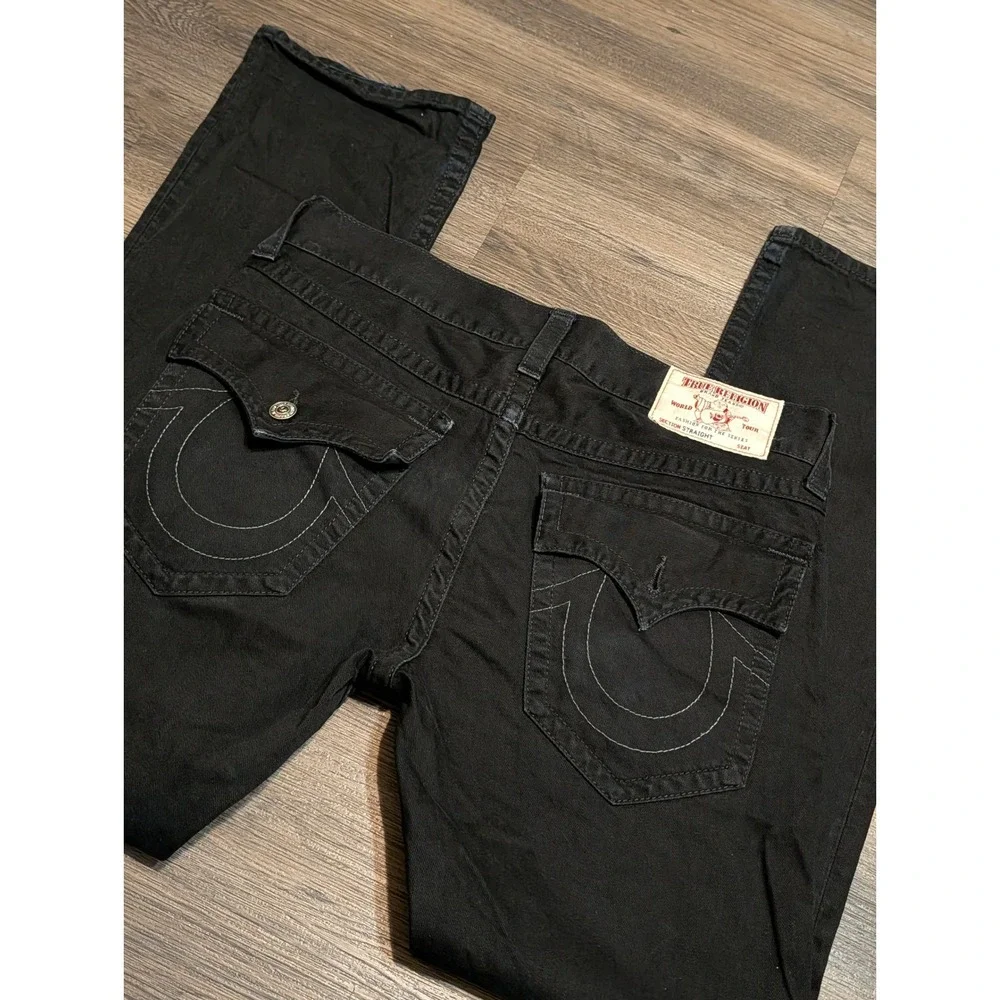 True Religion Mens Section Straight Black Denim Jeans Size 34 Y2K Streetwear